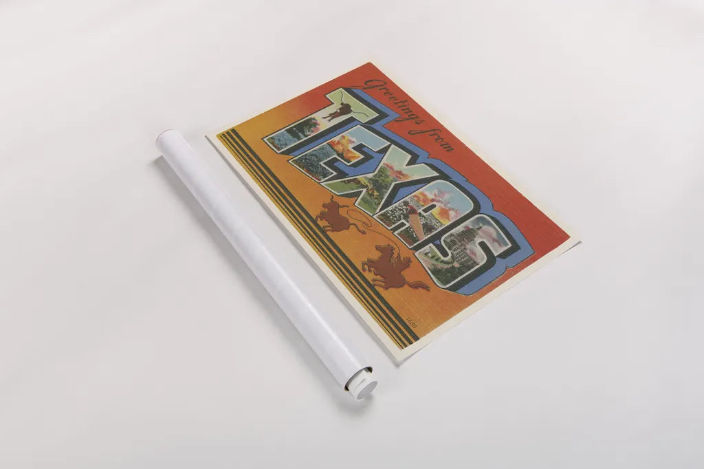 Greetings from Texas v2 by Wild Apple Portfolio. shown as a rolled paper print. Available as archival giclee rolled canvas, fine art paper, or poster print. SKU 45243i.