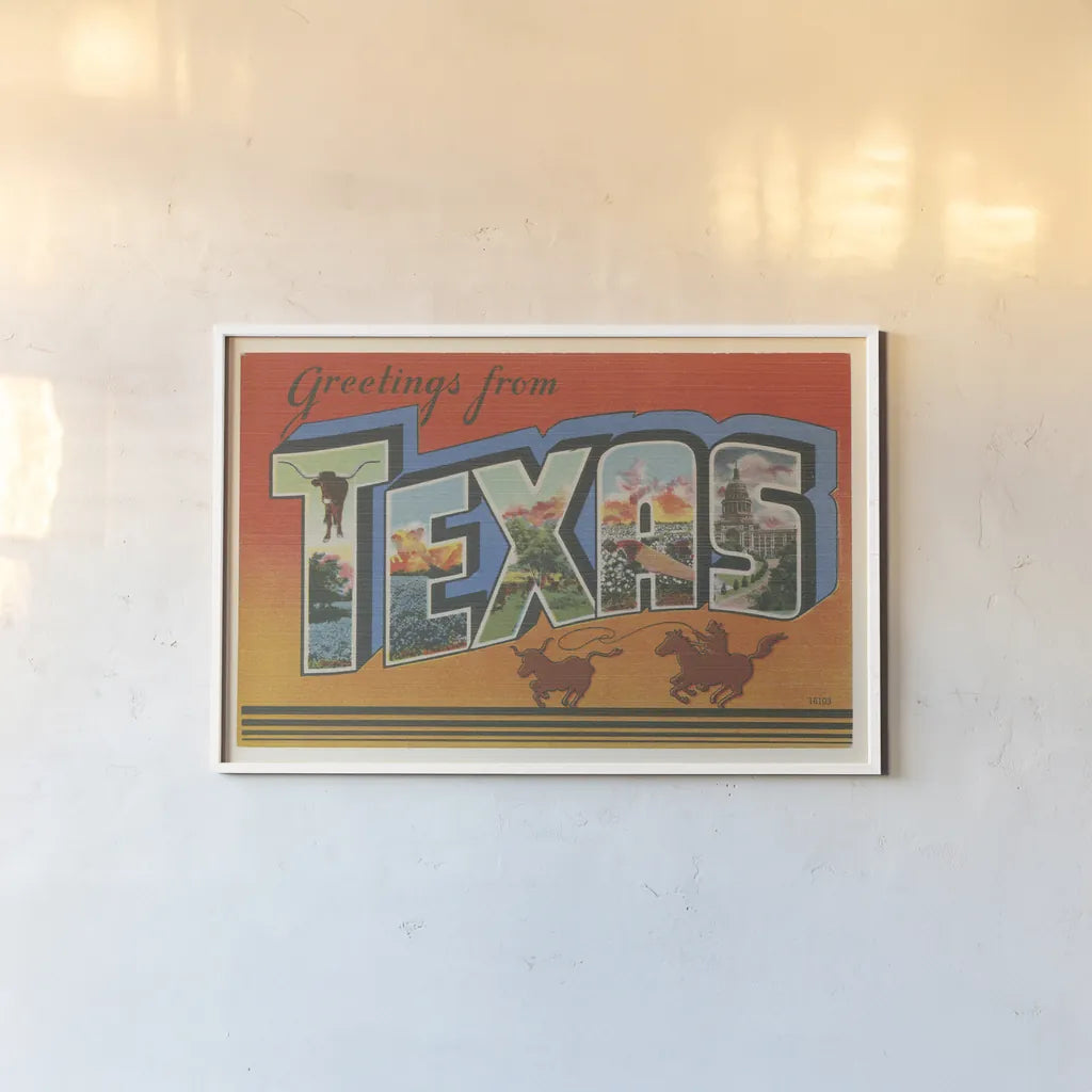 Greetings from Texas v2 by Wild Apple Portfolio. shown as a paper print in a white frame. Available as a archival giclee rolled canvas, fine art paper, or poster print. SKU 45243i.