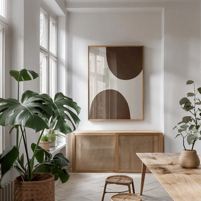 Half Domes II Brown No Border by Wild Apple Portfolio. shown as a print in a natural wood frame in a dining room. Available as a archival giclee rolled canvas, fine art paper, or poster print. SKU 77316h.