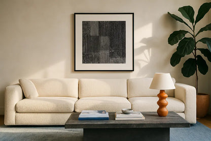 Handcrafted I Black by Wild Apple Portfolio. Displayed in a glass frame with matte in a clean modern living room. Available as an archival giclee rolled canvas, fine art paper, or poster print. SKU 88859a.