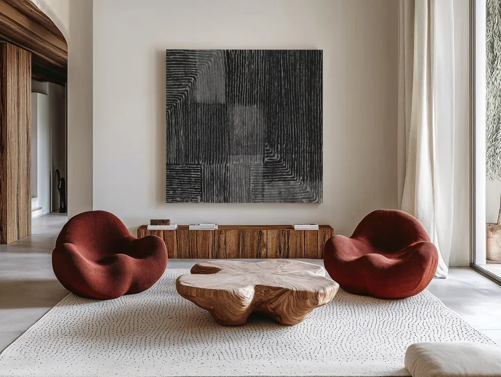 Handcrafted I Black by Wild Apple Portfolio. Shown as extra-large giant wall art in a modern living room. Available as an archival giclee rolled canvas, fine art paper, or poster print. SKU 88859a.