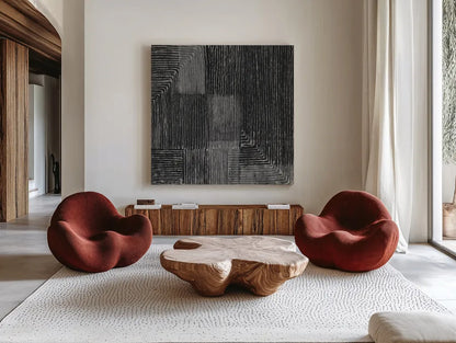 Handcrafted I Black by Wild Apple Portfolio. Shown as extra-large giant wall art in a modern living room. Available as an archival giclee rolled canvas, fine art paper, or poster print. SKU 88859a.