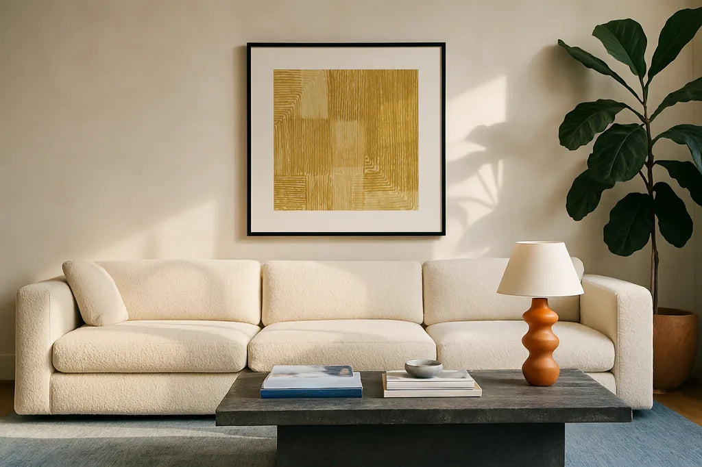 Handcrafted I Gold by Wild Apple Portfolio. Displayed in a glass frame with matte in a clean modern living room. Available as an archival giclee rolled canvas, fine art paper, or poster print. SKU 88476a.
