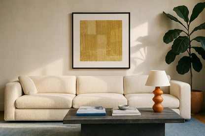 Handcrafted I Gold by Wild Apple Portfolio. Displayed in a glass frame with matte in a clean modern living room. Available as an archival giclee rolled canvas, fine art paper, or poster print. SKU 88476a.