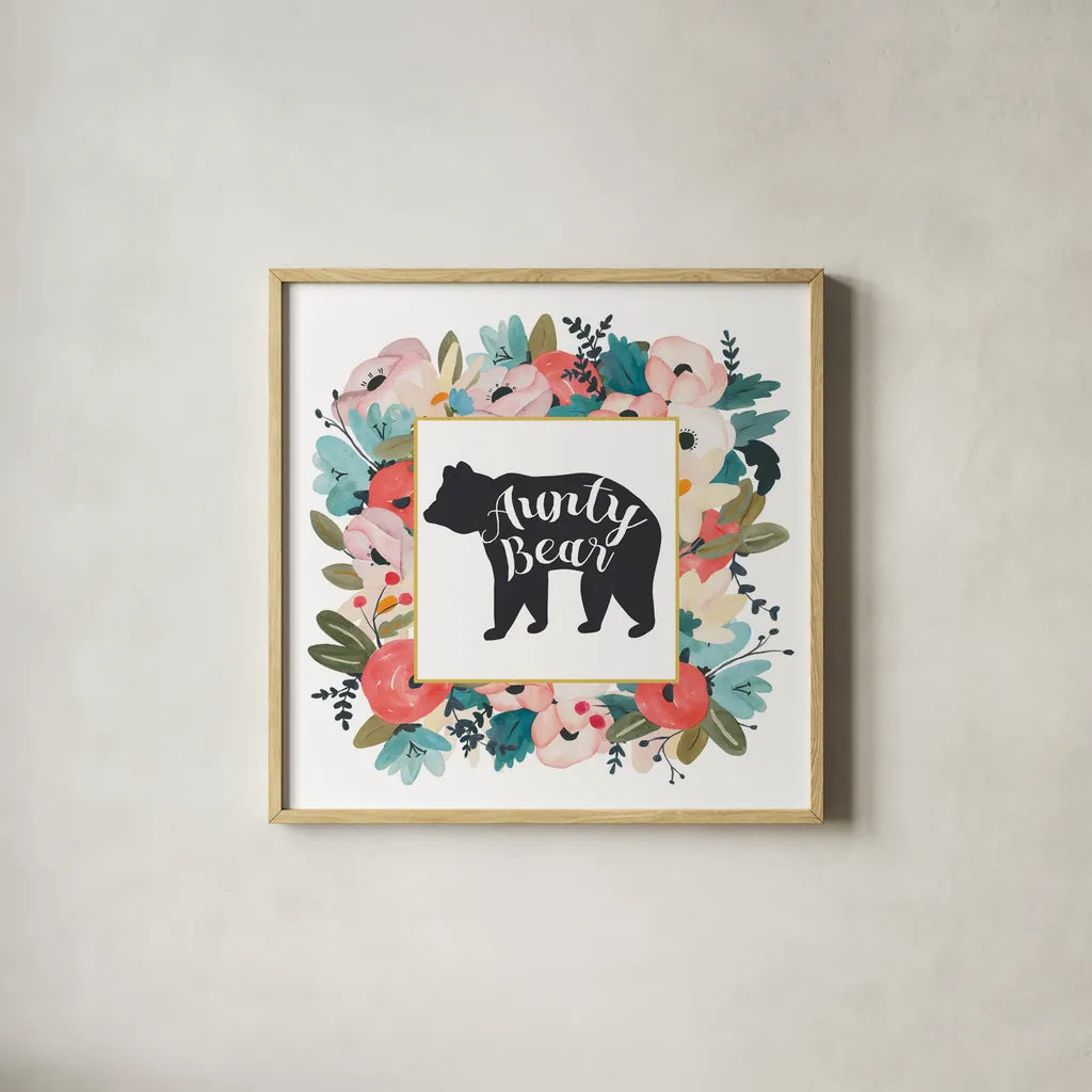 Harriet Floral Aunt Inspiration III by Wild Apple Portfolio. Shown in a natural wood glass frame for a timeless modern aesthetic. Available as an archival giclee rolled canvas, fine art paper, or poster print. SKU 57247a.