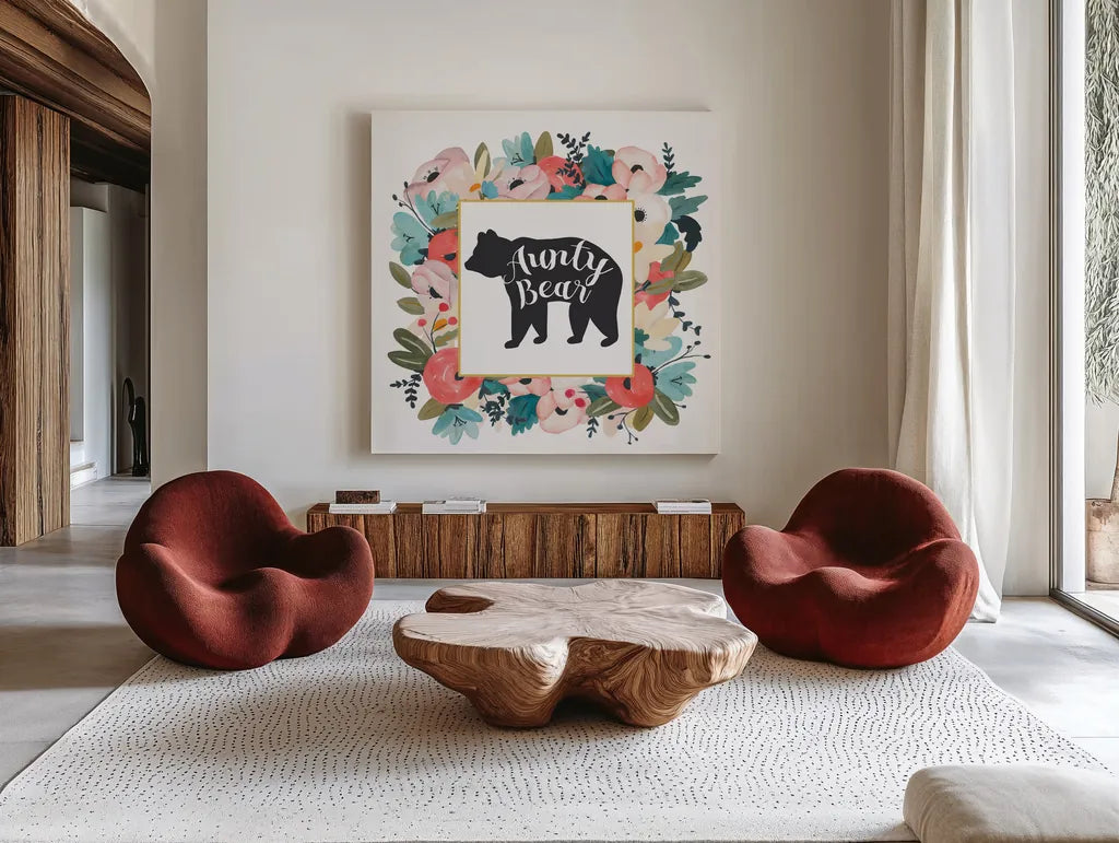 Harriet Floral Aunt Inspiration III by Wild Apple Portfolio. Shown as extra-large giant wall art in a modern living room. Available as an archival giclee rolled canvas, fine art paper, or poster print. SKU 57247a.