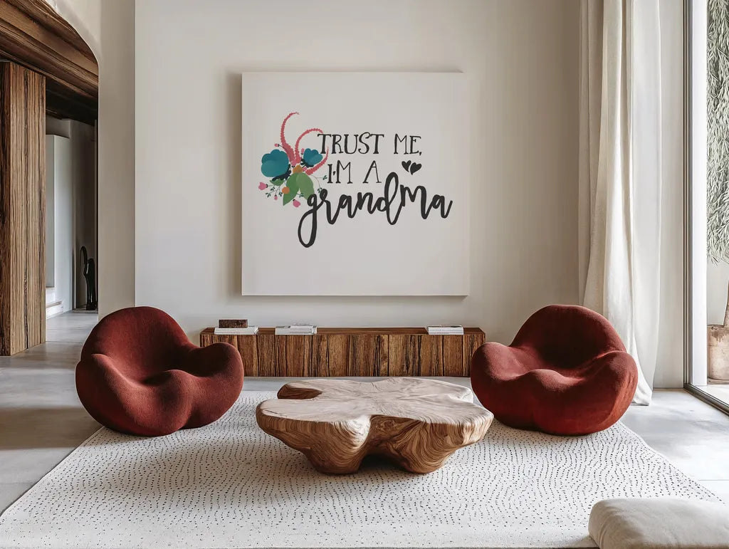 Harriet Floral Grandma Inspiration I by Wild Apple Portfolio. Shown as extra-large giant wall art in a modern living room. Available as an archival giclee rolled canvas, fine art paper, or poster print. SKU 57252a.