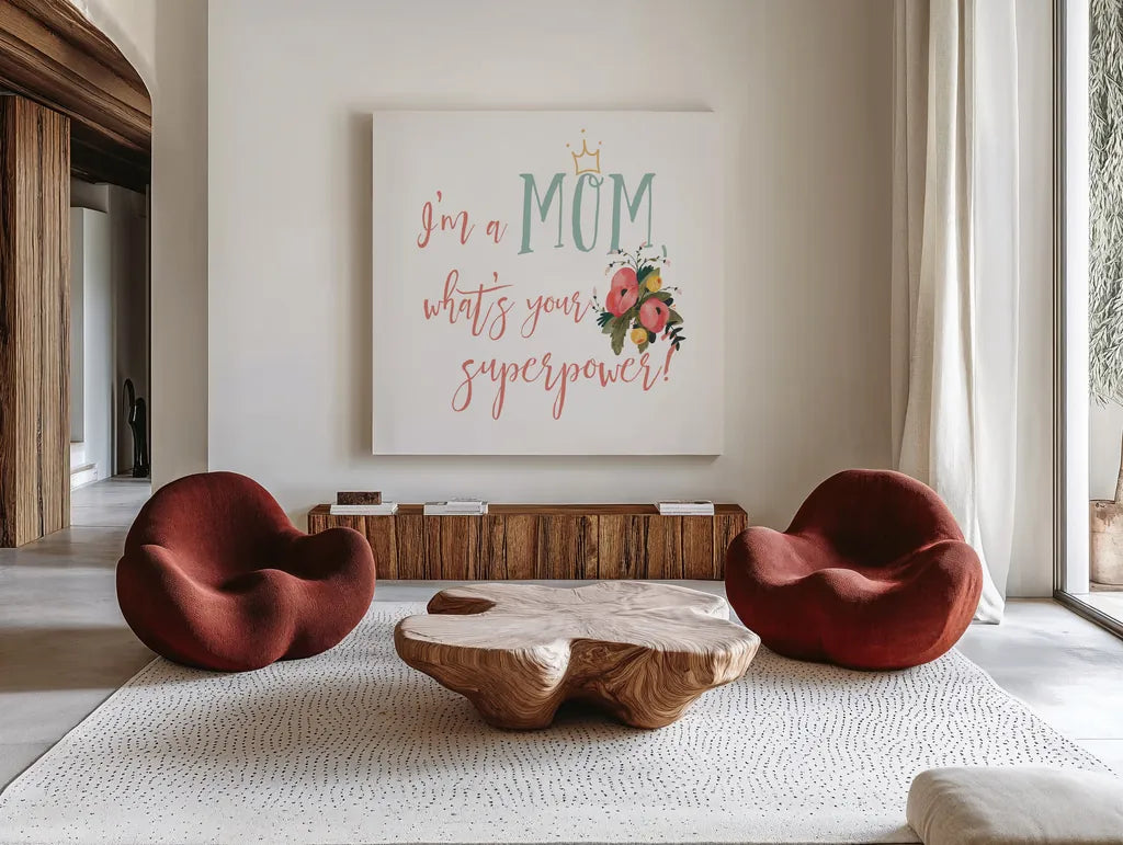 Harriet Floral Mom Inspiration II by Wild Apple Portfolio. Shown as extra-large giant wall art in a modern living room. Available as an archival giclee rolled canvas, fine art paper, or poster print. SKU 57246a.