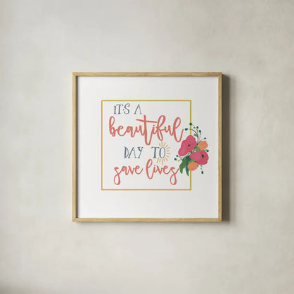 Harriet Floral Nurse Inspiration I by Wild Apple Portfolio. Shown in a natural wood glass frame for a timeless modern aesthetic. Available as an archival giclee rolled canvas, fine art paper, or poster print. SKU 57248a.