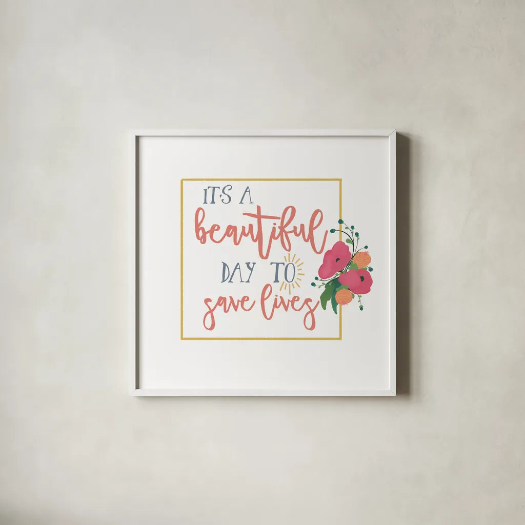 Harriet Floral Nurse Inspiration I by Wild Apple Portfolio. Shown in a crisp white glass frame for a clean and minimalist style. Available as an archival giclee rolled canvas, fine art paper, or poster print. SKU 57248a.