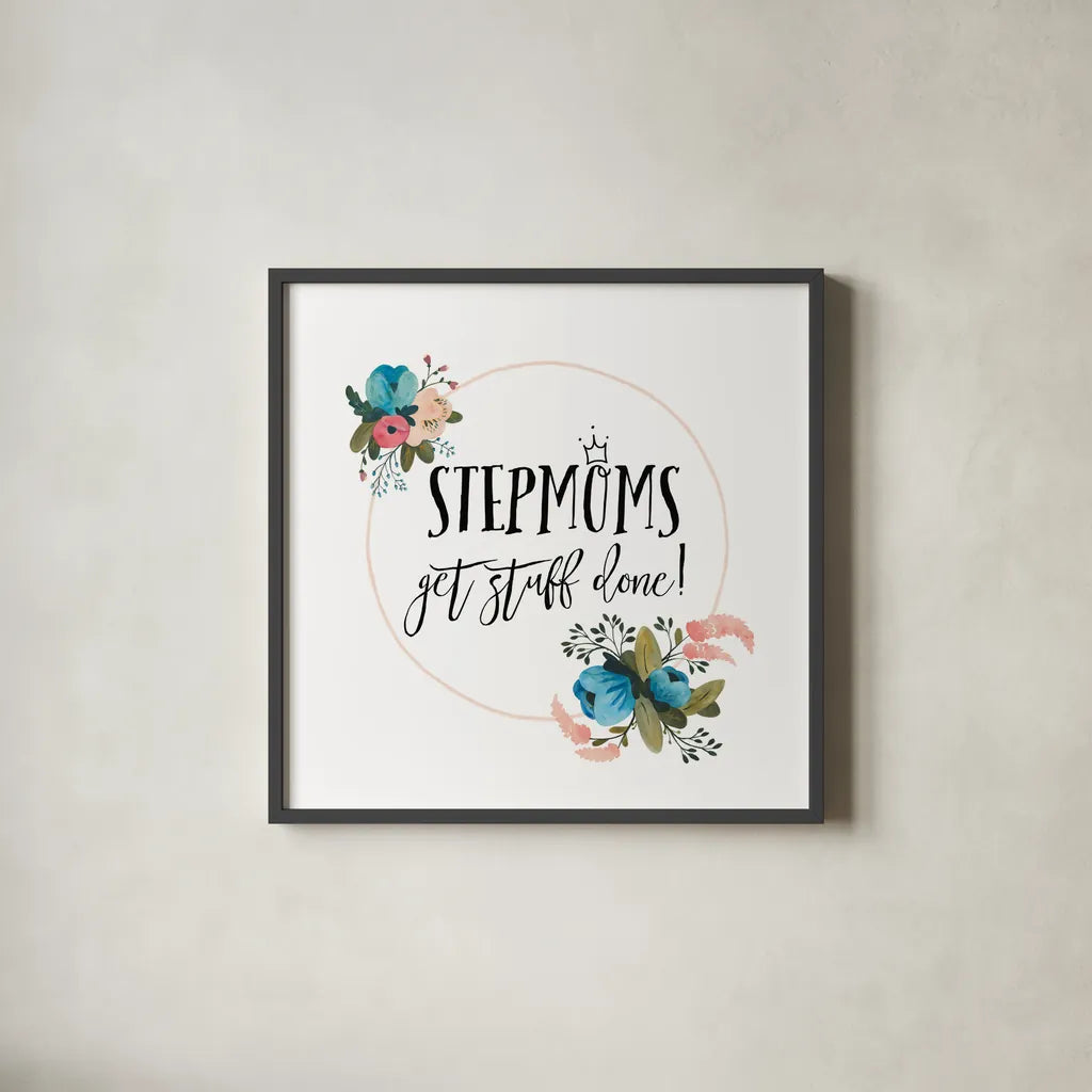 Harriet Floral Stepmom Inspiration I by Wild Apple Portfolio. Shown in a sleek black glass frame for a contemporary gallery look. Available as an archival giclee rolled canvas, fine art paper, or poster print. SKU 57253a.