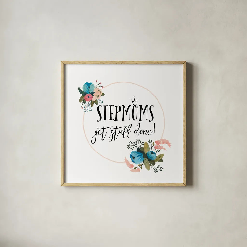 Harriet Floral Stepmom Inspiration I by Wild Apple Portfolio. Shown in a natural wood glass frame for a timeless modern aesthetic. Available as an archival giclee rolled canvas, fine art paper, or poster print. SKU 57253a.