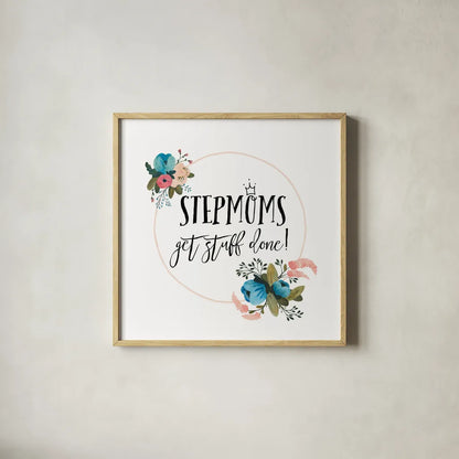 Harriet Floral Stepmom Inspiration I by Wild Apple Portfolio. Shown in a natural wood glass frame for a timeless modern aesthetic. Available as an archival giclee rolled canvas, fine art paper, or poster print. SKU 57253a.