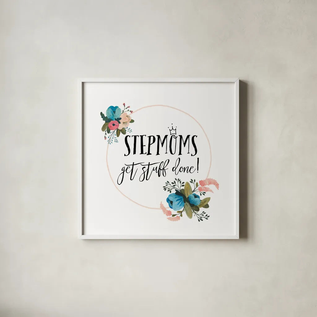 Harriet Floral Stepmom Inspiration I by Wild Apple Portfolio. Shown in a crisp white glass frame for a clean and minimalist style. Available as an archival giclee rolled canvas, fine art paper, or poster print. SKU 57253a.