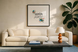 Harriet Floral Stepmom Inspiration I by Wild Apple Portfolio. Displayed in a glass frame with matte in a clean modern living room. Available as an archival giclee rolled canvas, fine art paper, or poster print. SKU 57253a.