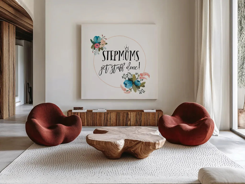 Harriet Floral Stepmom Inspiration I by Wild Apple Portfolio. Shown as extra-large giant wall art in a modern living room. Available as an archival giclee rolled canvas, fine art paper, or poster print. SKU 57253a.