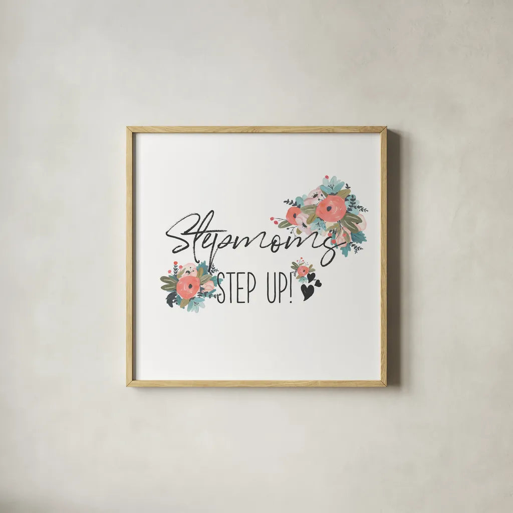 Harriet Floral Stepmom Inspiration II by Wild Apple Portfolio. Shown in a natural wood glass frame for a timeless modern aesthetic. Available as an archival giclee rolled canvas, fine art paper, or poster print. SKU 57254a.