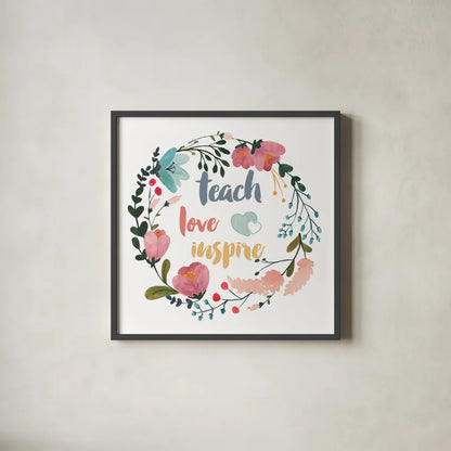 Harriet Floral Teacher Inspiration I by Wild Apple Portfolio. Shown in a sleek black glass frame for a contemporary gallery look. Available as an archival giclee rolled canvas, fine art paper, or poster print. SKU 57250a.