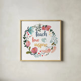 Harriet Floral Teacher Inspiration I by Wild Apple Portfolio. Shown in a natural wood glass frame for a timeless modern aesthetic. Available as an archival giclee rolled canvas, fine art paper, or poster print. SKU 57250a.