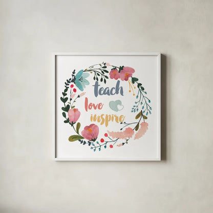 Harriet Floral Teacher Inspiration I by Wild Apple Portfolio. Shown in a crisp white glass frame for a clean and minimalist style. Available as an archival giclee rolled canvas, fine art paper, or poster print. SKU 57250a.