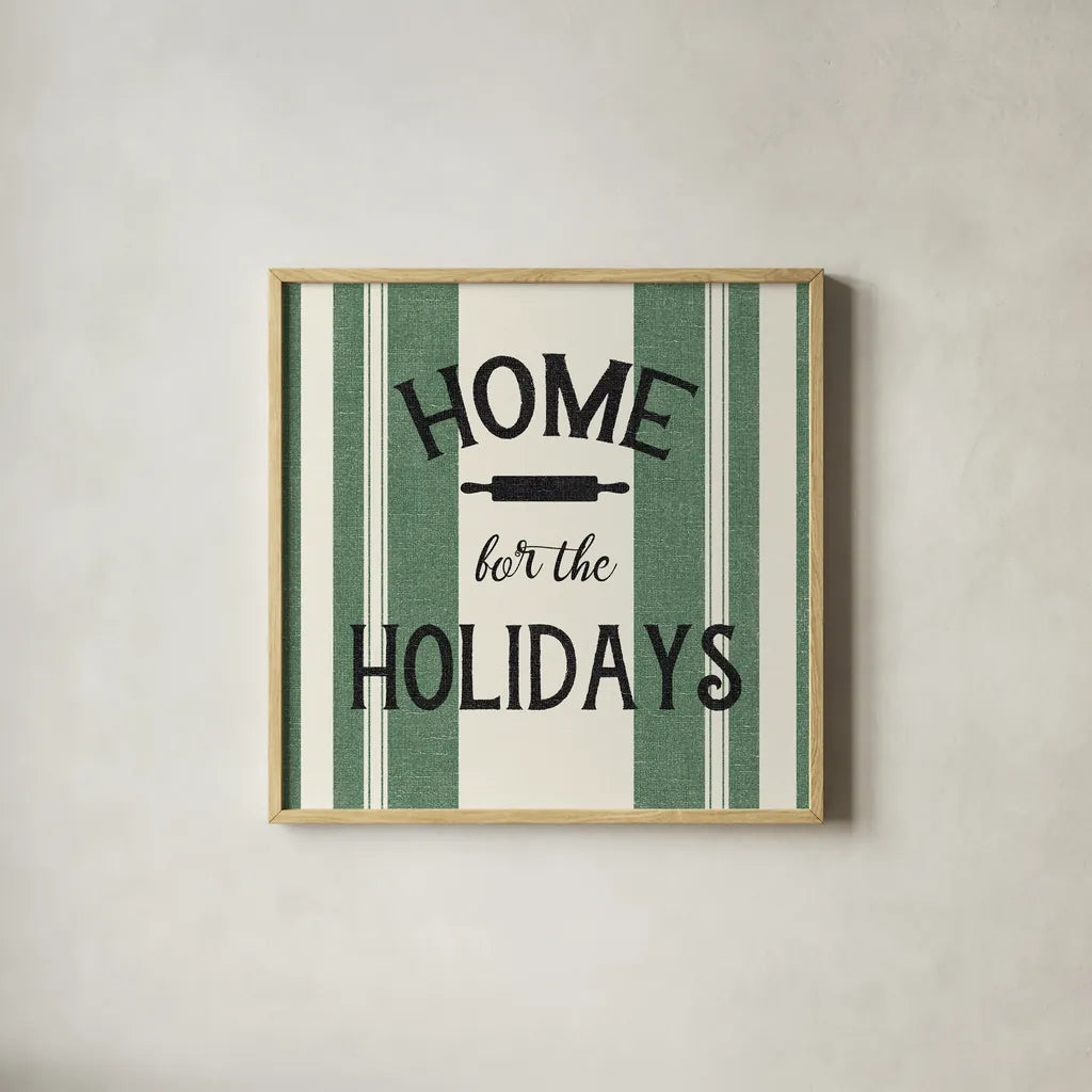 Heartland Holiday I by Wild Apple Portfolio. Shown in a natural wood glass frame for a timeless modern aesthetic. Available as an archival giclee rolled canvas, fine art paper, or poster print. SKU 74137a.