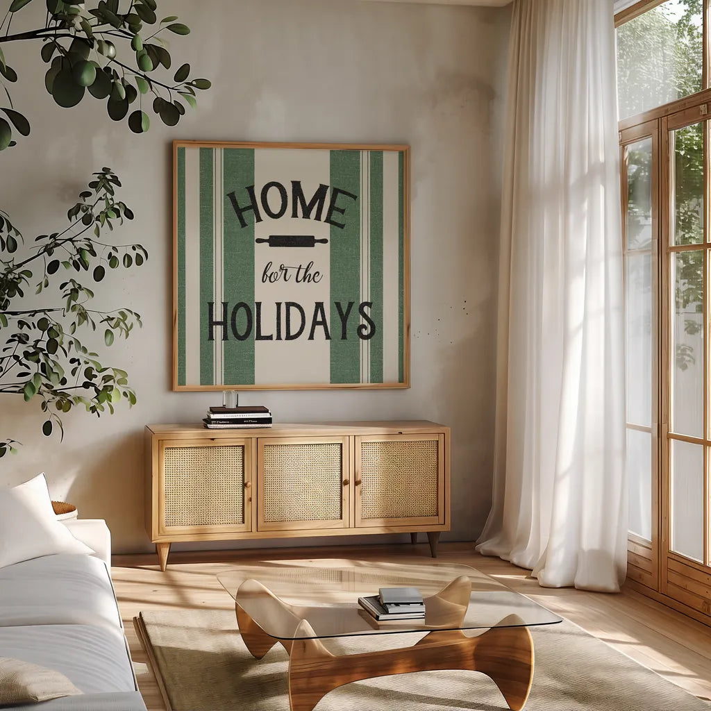 Heartland Holiday I by Wild Apple Portfolio. Shown in a natural wood frame in a cozy modern living room. Available as an archival giclee rolled canvas, fine art paper, or poster print. SKU 74137a.