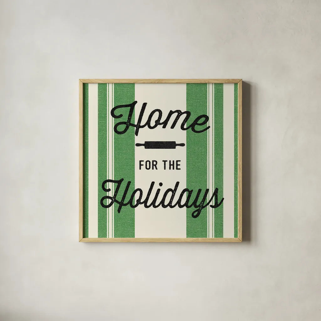 Heartland Holiday I v2 Green by Wild Apple Portfolio. Shown in a natural wood glass frame for a timeless modern aesthetic. Available as an archival giclee rolled canvas, fine art paper, or poster print. SKU 75550a.