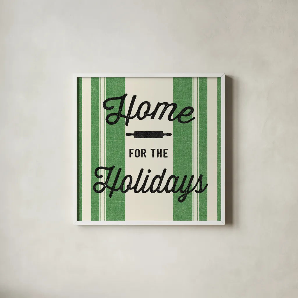Heartland Holiday I v2 Green by Wild Apple Portfolio. Shown in a crisp white glass frame for a clean and minimalist style. Available as an archival giclee rolled canvas, fine art paper, or poster print. SKU 75550a.
