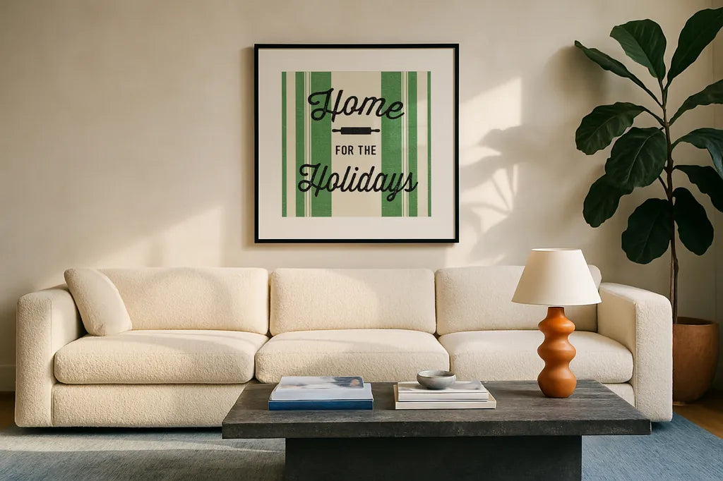 Heartland Holiday I v2 Green by Wild Apple Portfolio. Displayed in a glass frame with matte in a clean modern living room. Available as an archival giclee rolled canvas, fine art paper, or poster print. SKU 75550a.