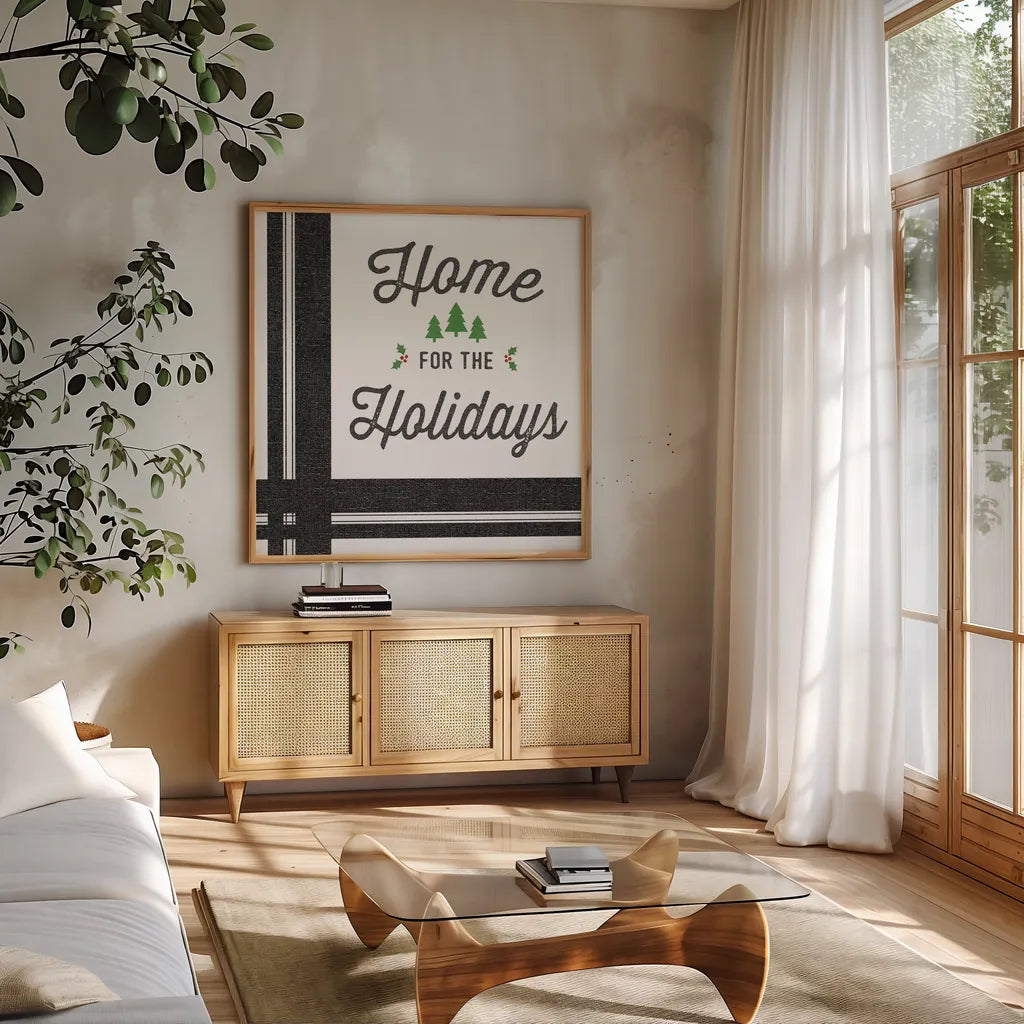 Heartland Holiday I v3 by Wild Apple Portfolio. Shown in a natural wood frame in a cozy modern living room. Available as an archival giclee rolled canvas, fine art paper, or poster print. SKU 75551a.
