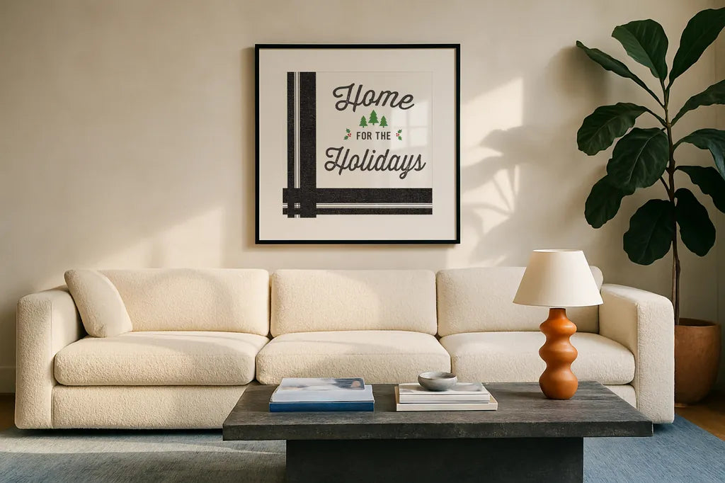 Heartland Holiday I v3 by Wild Apple Portfolio. Displayed in a glass frame with matte in a clean modern living room. Available as an archival giclee rolled canvas, fine art paper, or poster print. SKU 75551a.