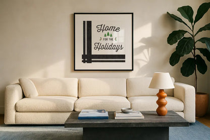 Heartland Holiday I v3 by Wild Apple Portfolio. Displayed in a glass frame with matte in a clean modern living room. Available as an archival giclee rolled canvas, fine art paper, or poster print. SKU 75551a.