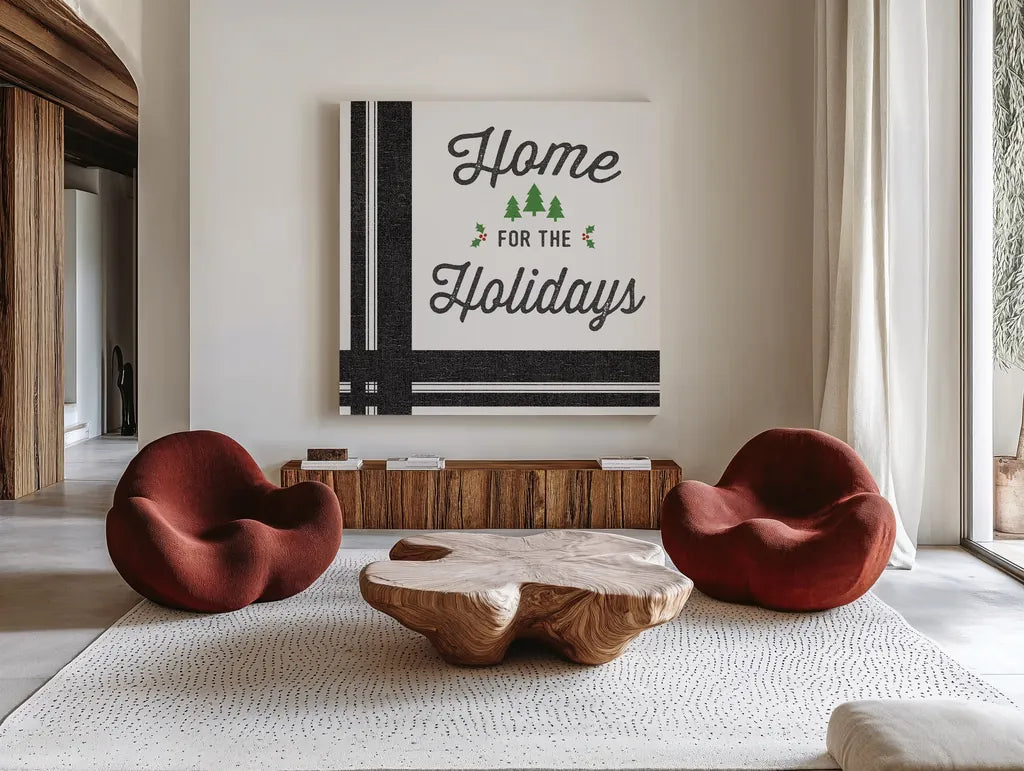 Heartland Holiday I v3 by Wild Apple Portfolio. Shown as extra-large giant wall art in a modern living room. Available as an archival giclee rolled canvas, fine art paper, or poster print. SKU 75551a.