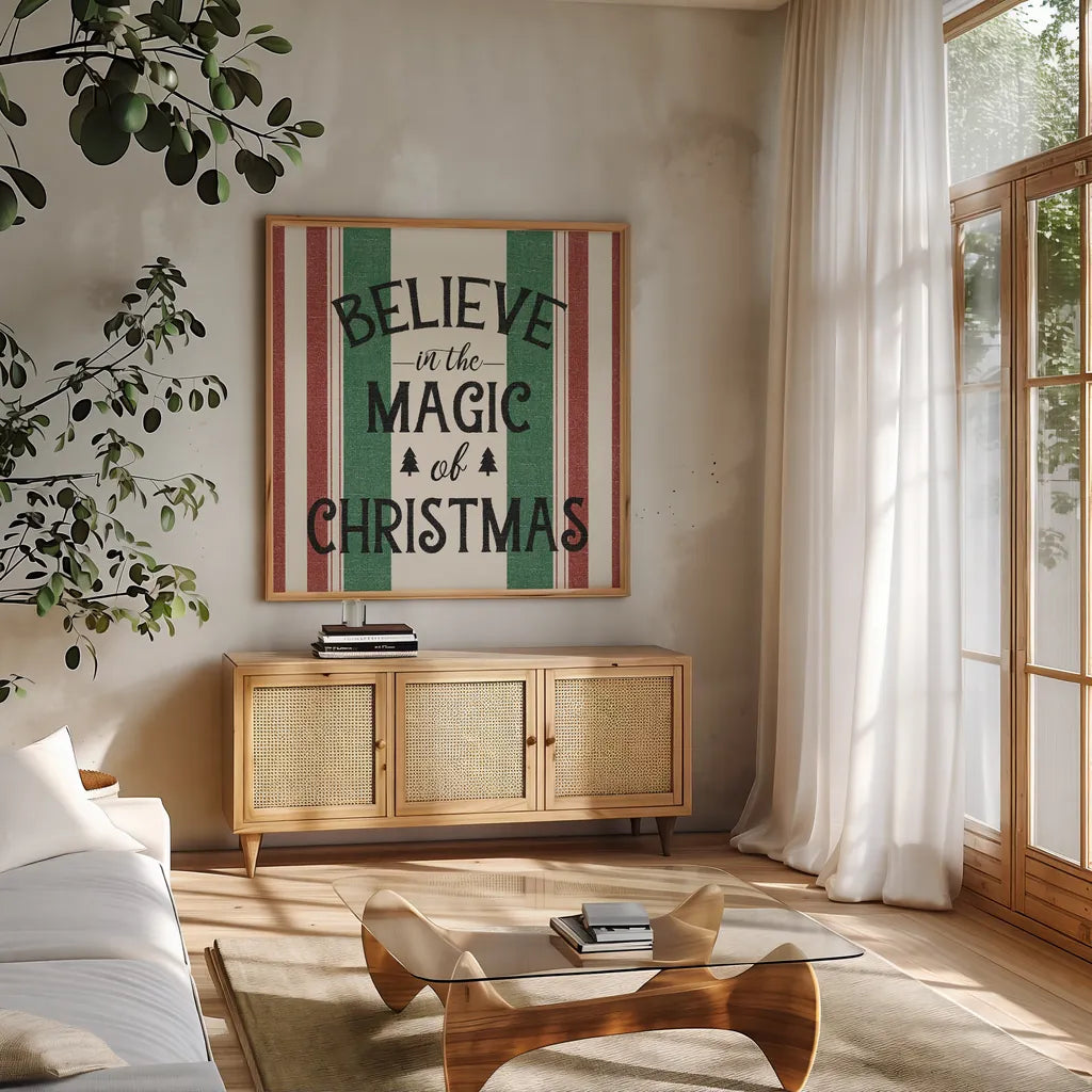 Heartland Holiday IV Green by Wild Apple Portfolio. Shown in a natural wood frame in a cozy modern living room. Available as an archival giclee rolled canvas, fine art paper, or poster print. SKU 75409a.