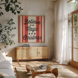 Heartland Holiday IV v2 Red by Wild Apple Portfolio. Shown in a natural wood frame in a cozy modern living room. Available as an archival giclee rolled canvas, fine art paper, or poster print. SKU 75548a.
