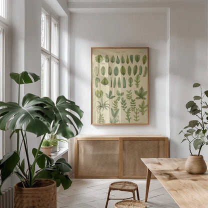 Herbal Botanical X by Wild Apple Portfolio. shown as a print in a natural wood frame in a dining room. Available as a archival giclee rolled canvas, fine art paper, or poster print. SKU 41415h.