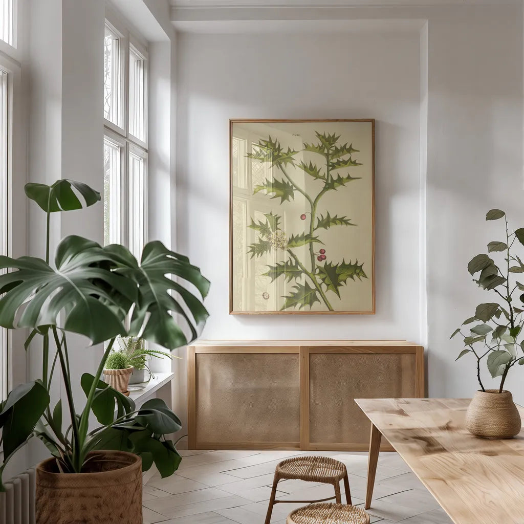 Herbal Botanical XXVIII by Wild Apple Portfolio. shown as a print in a natural wood frame in a dining room. Available as a archival giclee rolled canvas, fine art paper, or poster print. SKU 41433h.