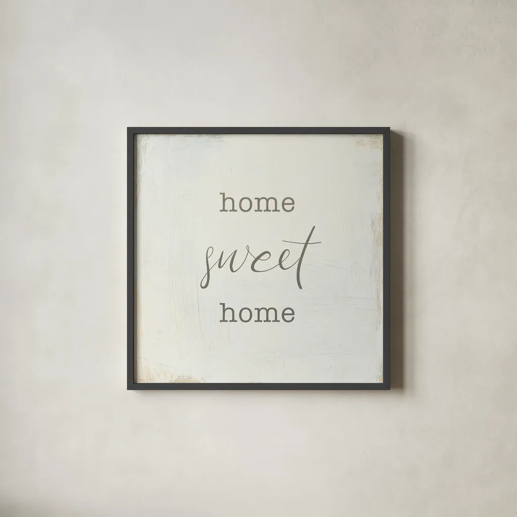 Home Sweet Home I Script by Wild Apple Portfolio. Shown in a sleek black glass frame for a contemporary gallery look. Available as an archival giclee rolled canvas, fine art paper, or poster print. SKU 46898a.