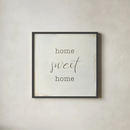 Home Sweet Home I Script by Wild Apple Portfolio. Shown in a sleek black glass frame for a contemporary gallery look. Available as an archival giclee rolled canvas, fine art paper, or poster print. SKU 46898a.