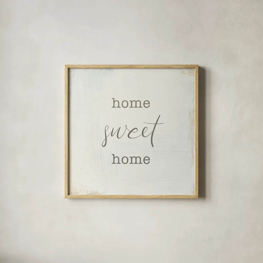 Home Sweet Home I Script by Wild Apple Portfolio. Shown in a natural wood glass frame for a timeless modern aesthetic. Available as an archival giclee rolled canvas, fine art paper, or poster print. SKU 46898a.