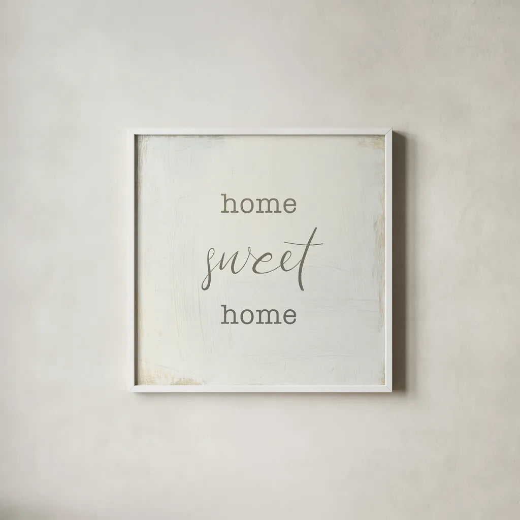 Home Sweet Home I Script by Wild Apple Portfolio. Shown in a crisp white glass frame for a clean and minimalist style. Available as an archival giclee rolled canvas, fine art paper, or poster print. SKU 46898a.
