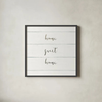 Home Sweet Home I Shiplap by Wild Apple Portfolio. Shown in a sleek black glass frame for a contemporary gallery look. Available as an archival giclee rolled canvas, fine art paper, or poster print. SKU 48926a.