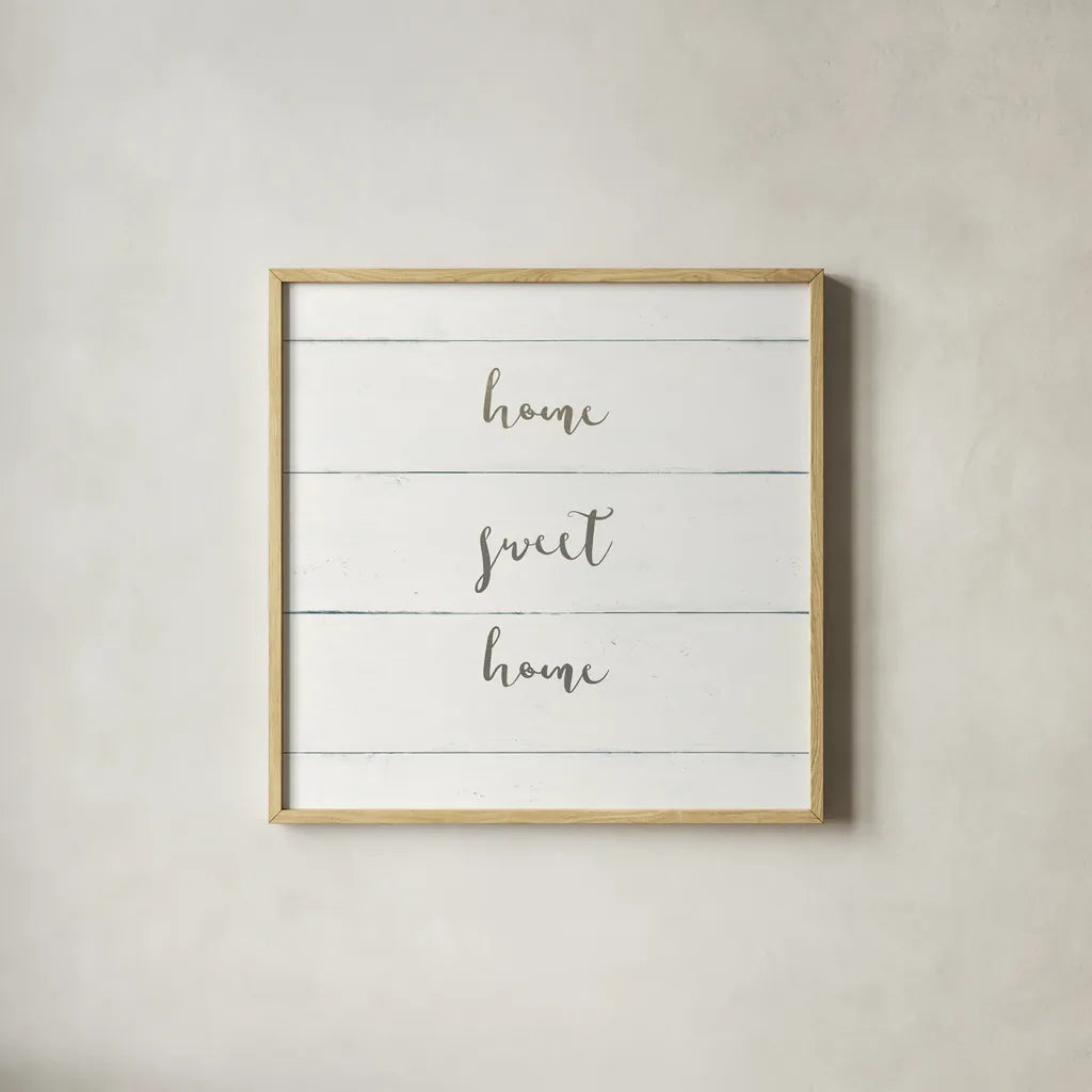 Home Sweet Home I Shiplap by Wild Apple Portfolio. Shown in a natural wood glass frame for a timeless modern aesthetic. Available as an archival giclee rolled canvas, fine art paper, or poster print. SKU 48926a.