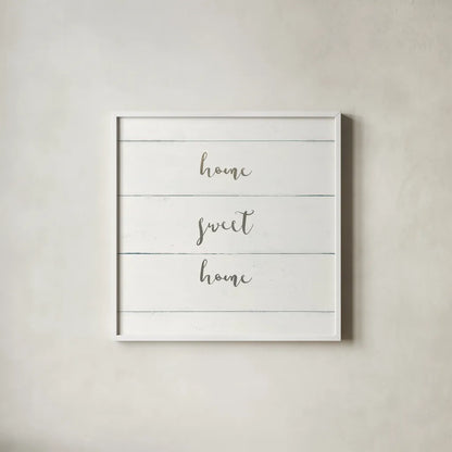 Home Sweet Home I Shiplap by Wild Apple Portfolio. Shown in a crisp white glass frame for a clean and minimalist style. Available as an archival giclee rolled canvas, fine art paper, or poster print. SKU 48926a.