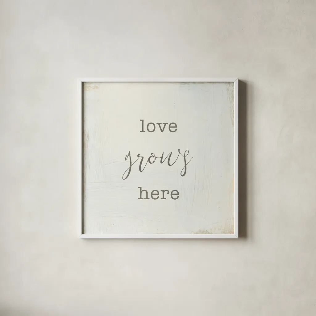 Home Sweet Home III Script by Wild Apple Portfolio. Shown in a crisp white glass frame for a clean and minimalist style. Available as an archival giclee rolled canvas, fine art paper, or poster print. SKU 46900a.