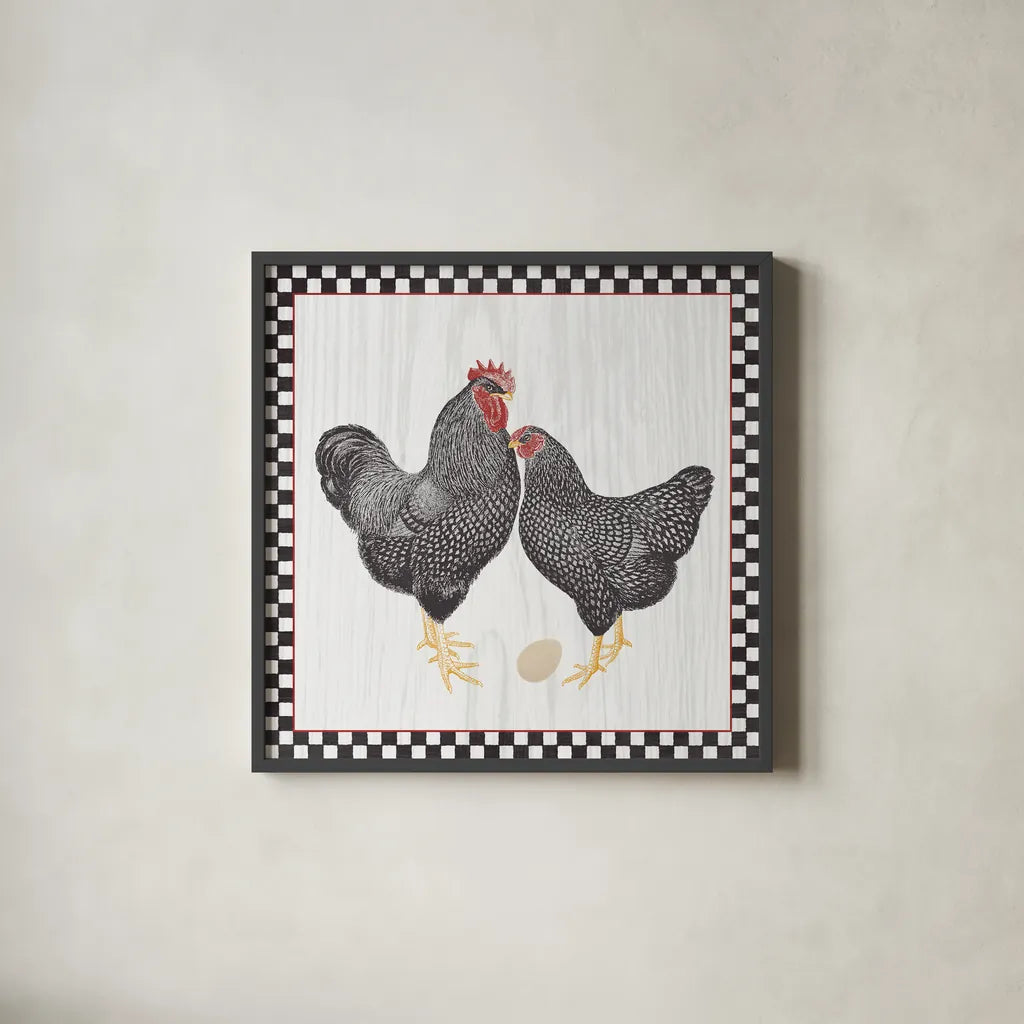 Home to Roost I by Wild Apple Portfolio. Shown in a sleek black glass frame for a contemporary gallery look. Available as an archival giclee rolled canvas, fine art paper, or poster print. SKU 30949a.