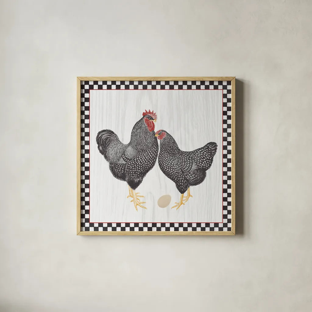 Home to Roost I by Wild Apple Portfolio. Shown in a natural wood glass frame for a timeless modern aesthetic. Available as an archival giclee rolled canvas, fine art paper, or poster print. SKU 30949a.