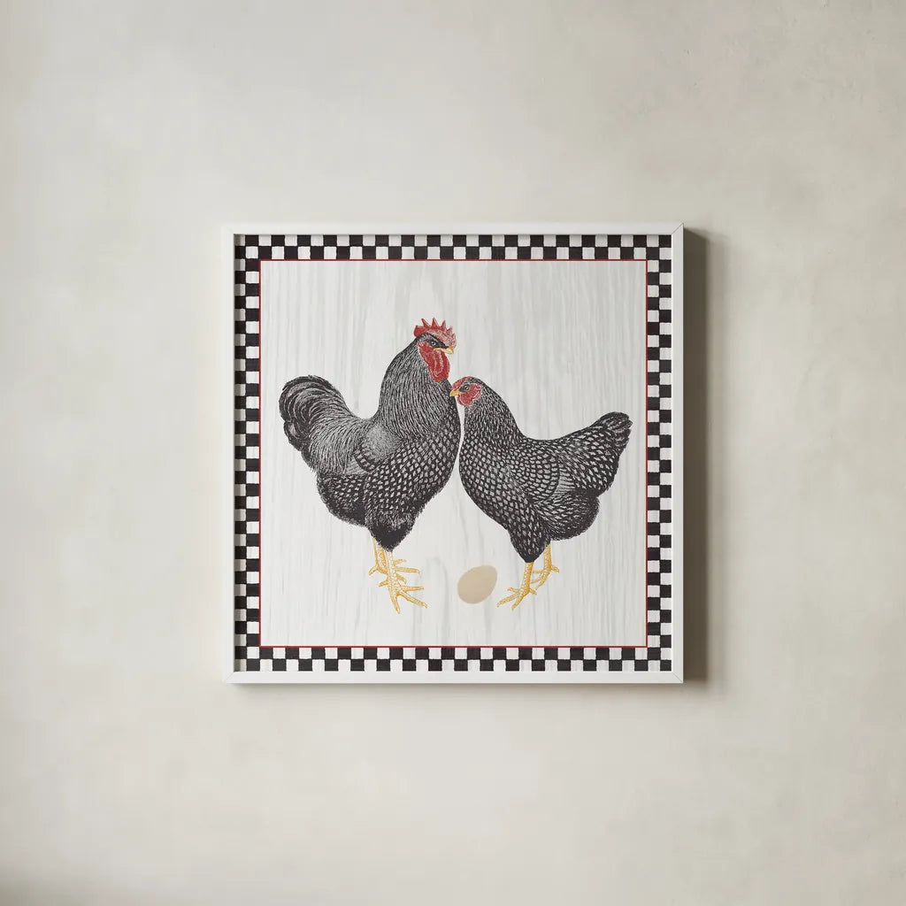 Home to Roost I by Wild Apple Portfolio. Shown in a crisp white glass frame for a clean and minimalist style. Available as an archival giclee rolled canvas, fine art paper, or poster print. SKU 30949a.