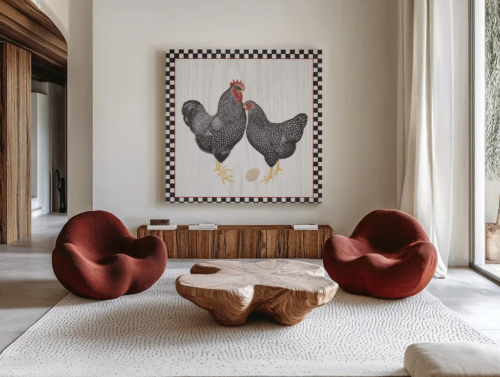 Home to Roost I by Wild Apple Portfolio. Shown as extra-large giant wall art in a modern living room. Available as an archival giclee rolled canvas, fine art paper, or poster print. SKU 30949a.