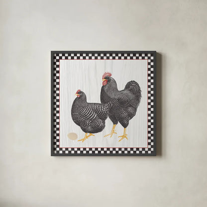 Home to Roost II by Wild Apple Portfolio. Shown in a sleek black glass frame for a contemporary gallery look. Available as an archival giclee rolled canvas, fine art paper, or poster print. SKU 30950a.